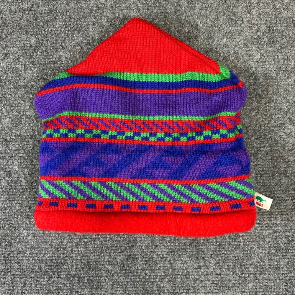 Vintage Turtle Fur Kids Beanie Red Geometric Wool Blend Fleece Lined USA Made